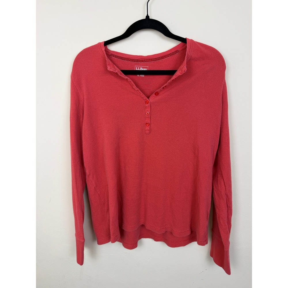 L.L.Bean Waffle Knit Henley Women's XL Red Coral Cotton Long Sleeve Thermal